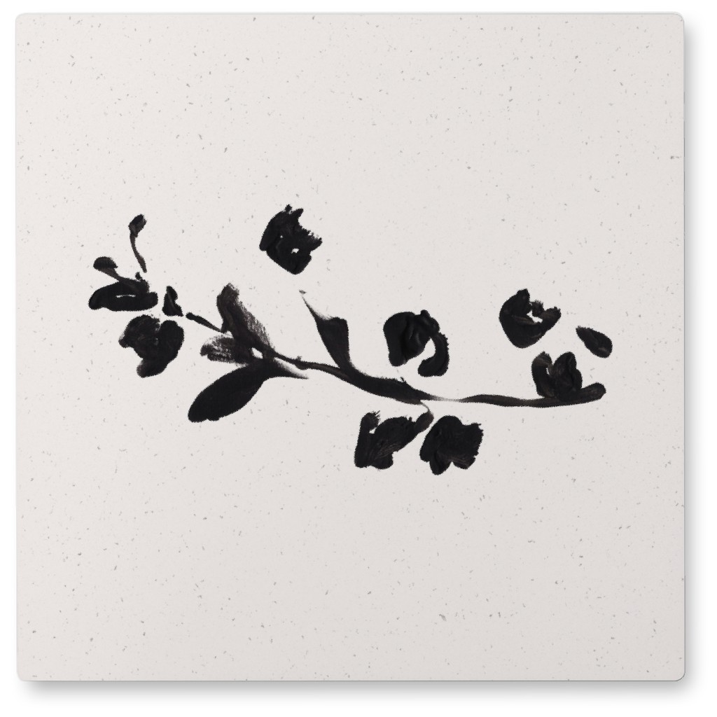 Watercolor Minimalist Branch With Leaves - Black Photo Tile, Metal, 8x8, Black, Black