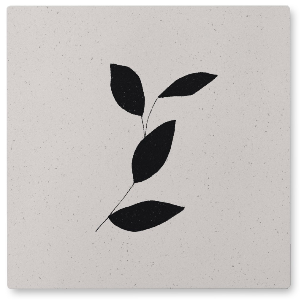 Delicate Branch With Leaves - Black Photo Tile, Metal, 8x8, Black
