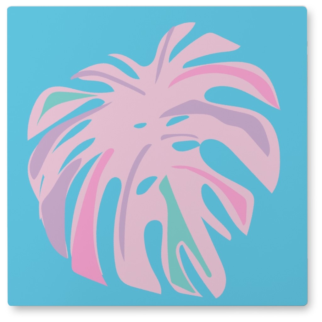 Bold Tropical Leaf - Blue and Pink Photo Tile, Metal, 8x8, Blue