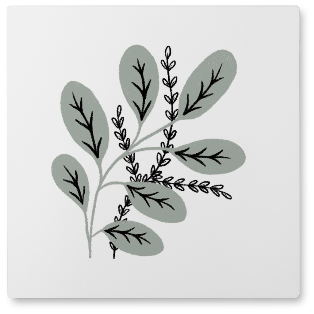 Minimalist Sprig - Gray on White Photo Tile, Metal, 8x8, Gray