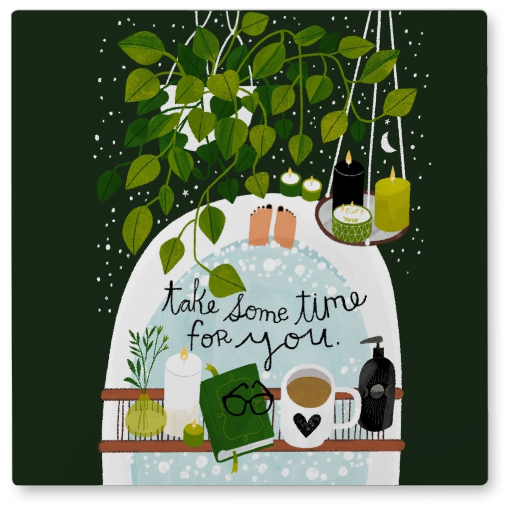 Take Some Time for You - Green on Black Photo Tile, Metal, 8x8, Green