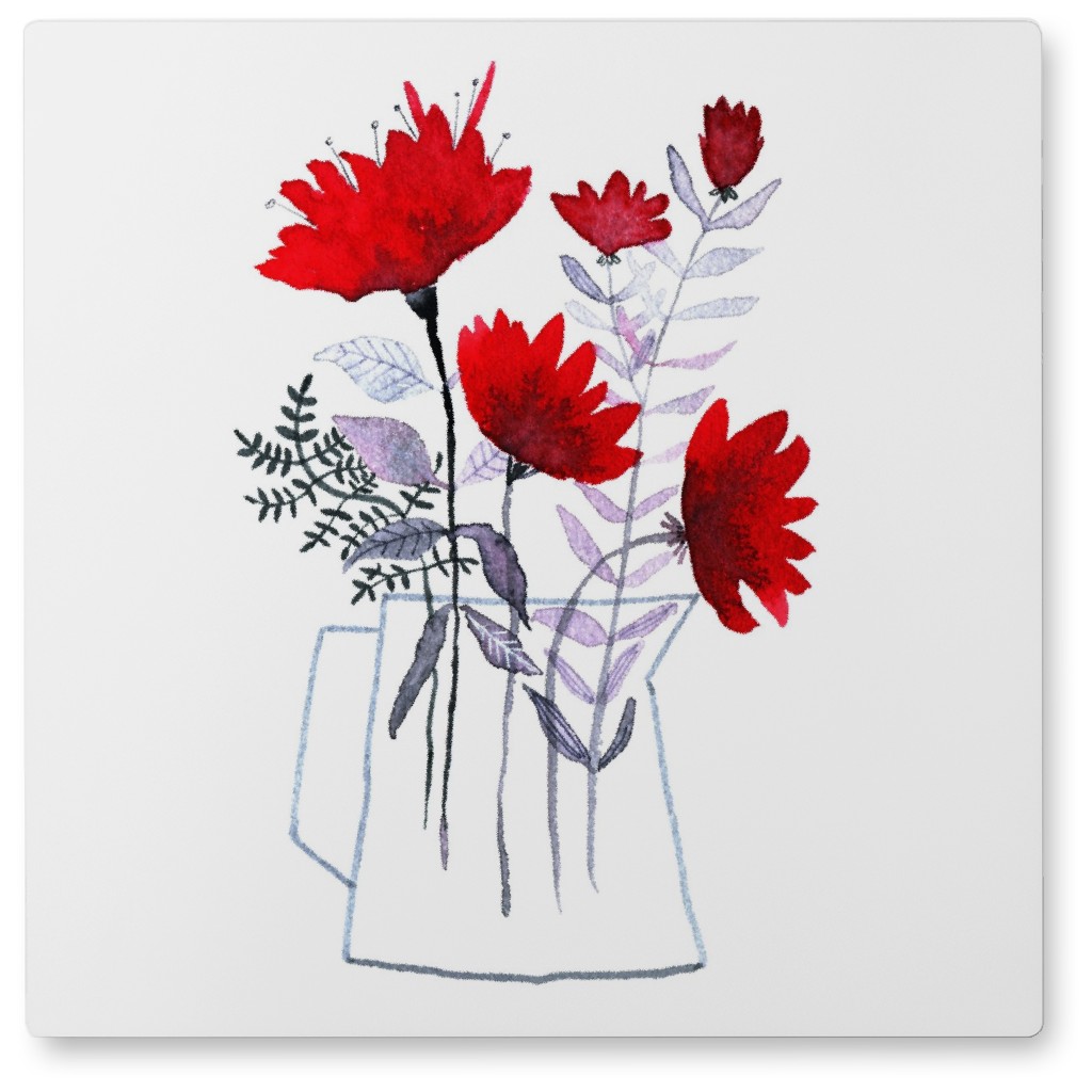 Flowers in Vase - Red and Gray Photo Tile, Metal, 8x8, Red