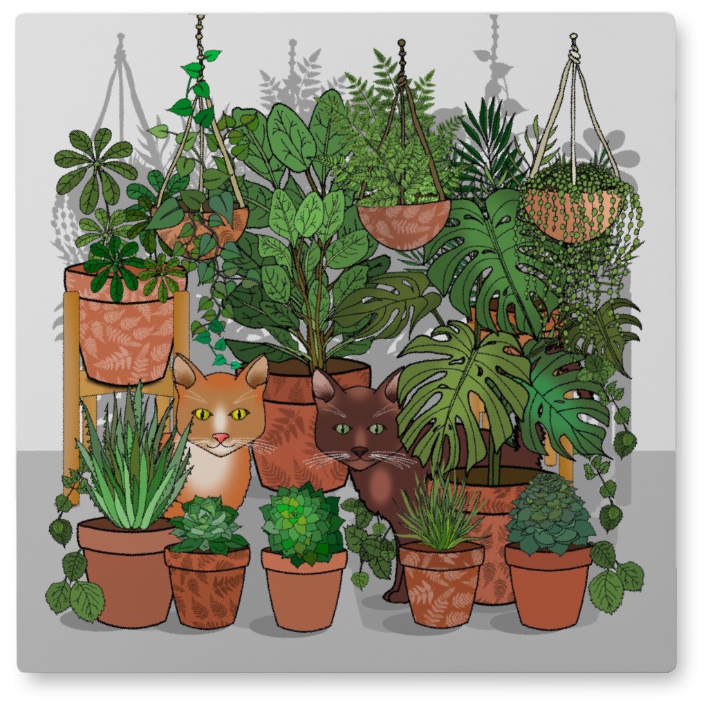 Cats in an Indoor Garden - Green Photo Tile, Metal, 8x8, Green