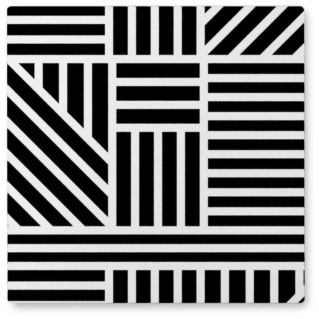 Geometric Lines - Black and White Photo Tile, Metal, 8x8, Black
