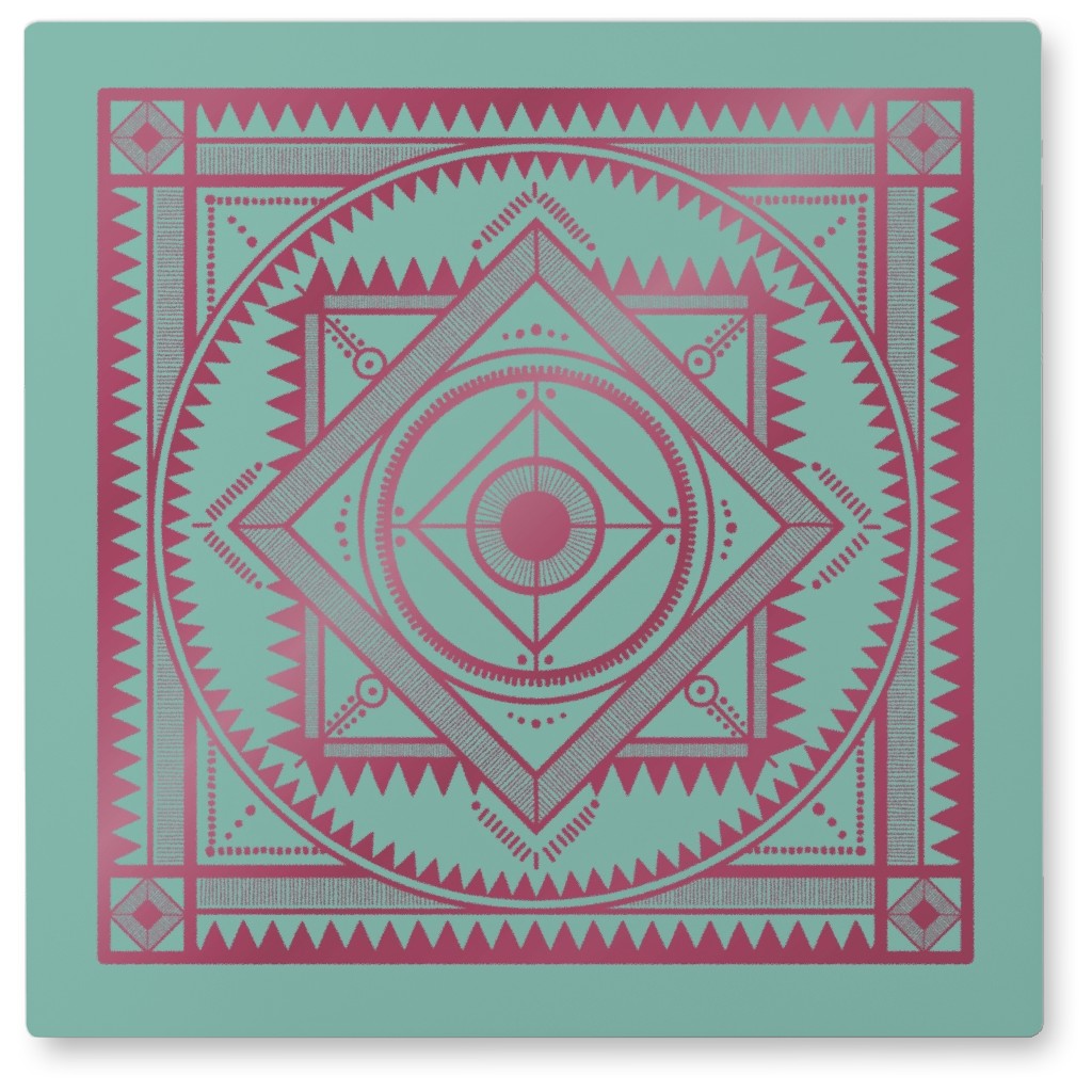 Tribal Geometric Tile Iii Photo Tile, Metal, 8x8, Green