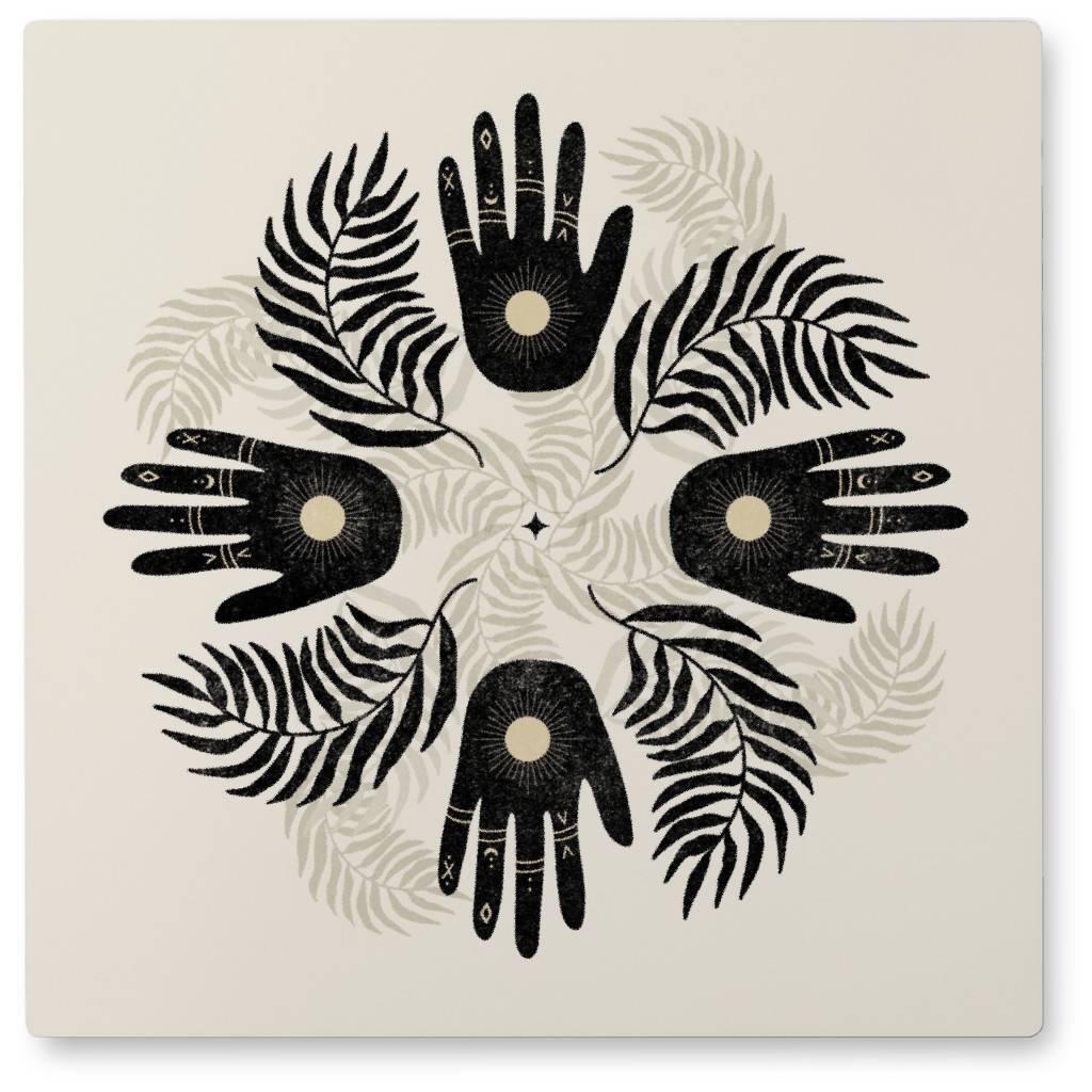 Abstract Palm Mandala - Cream and Black Photo Tile, Metal, 8x8, Beige