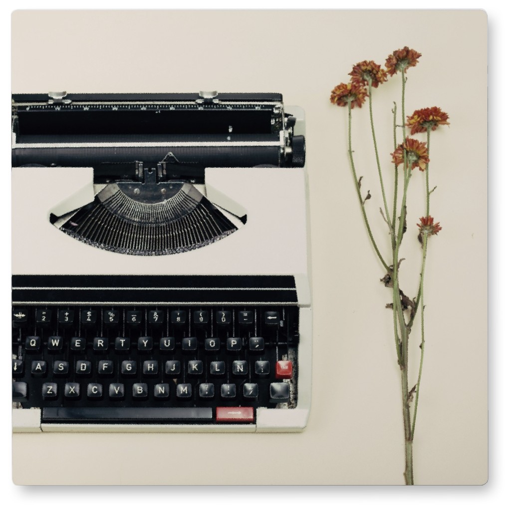 Vintage Typewriter and Flower Photo Tile, Metal, 8x8, Beige, Pearl