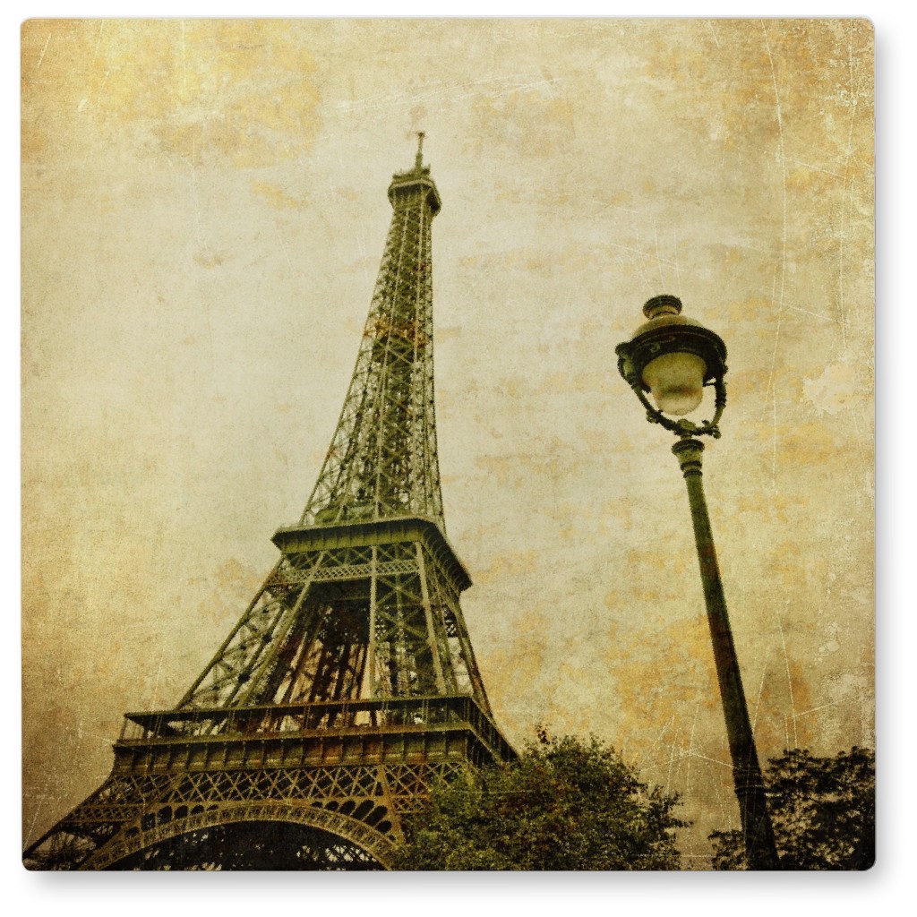 Vintage Eiffel Tower and Light Post Photo Tile, Metal, 8x8, Beige
