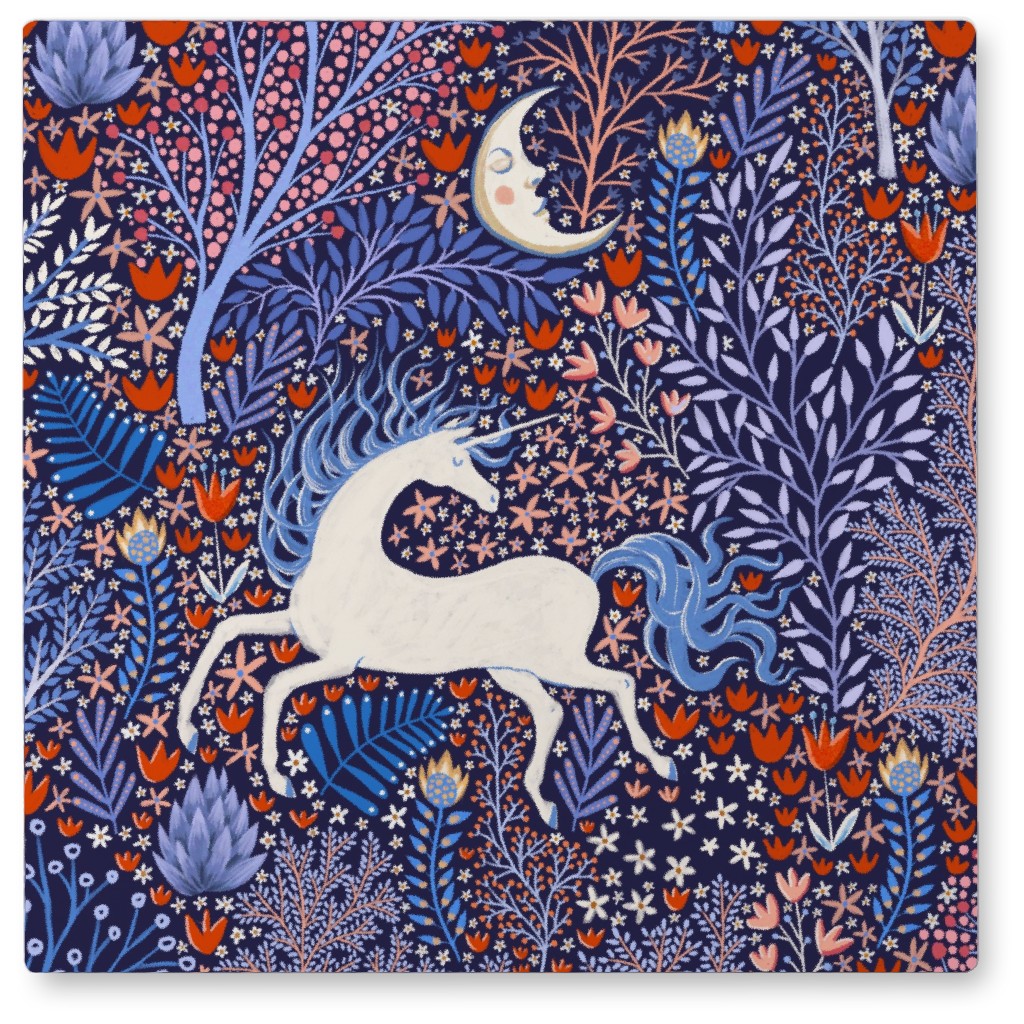 Unicorn in Nocturnal Forest - Purple Photo Tile, Metal, 8x8, Purple