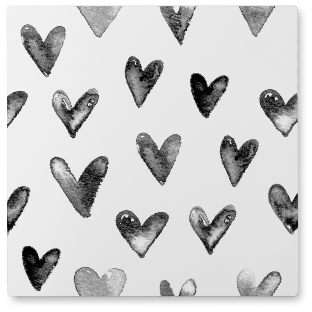 Watercolor Hearts - Black and White Photo Tile, Metal, 8x8, Black