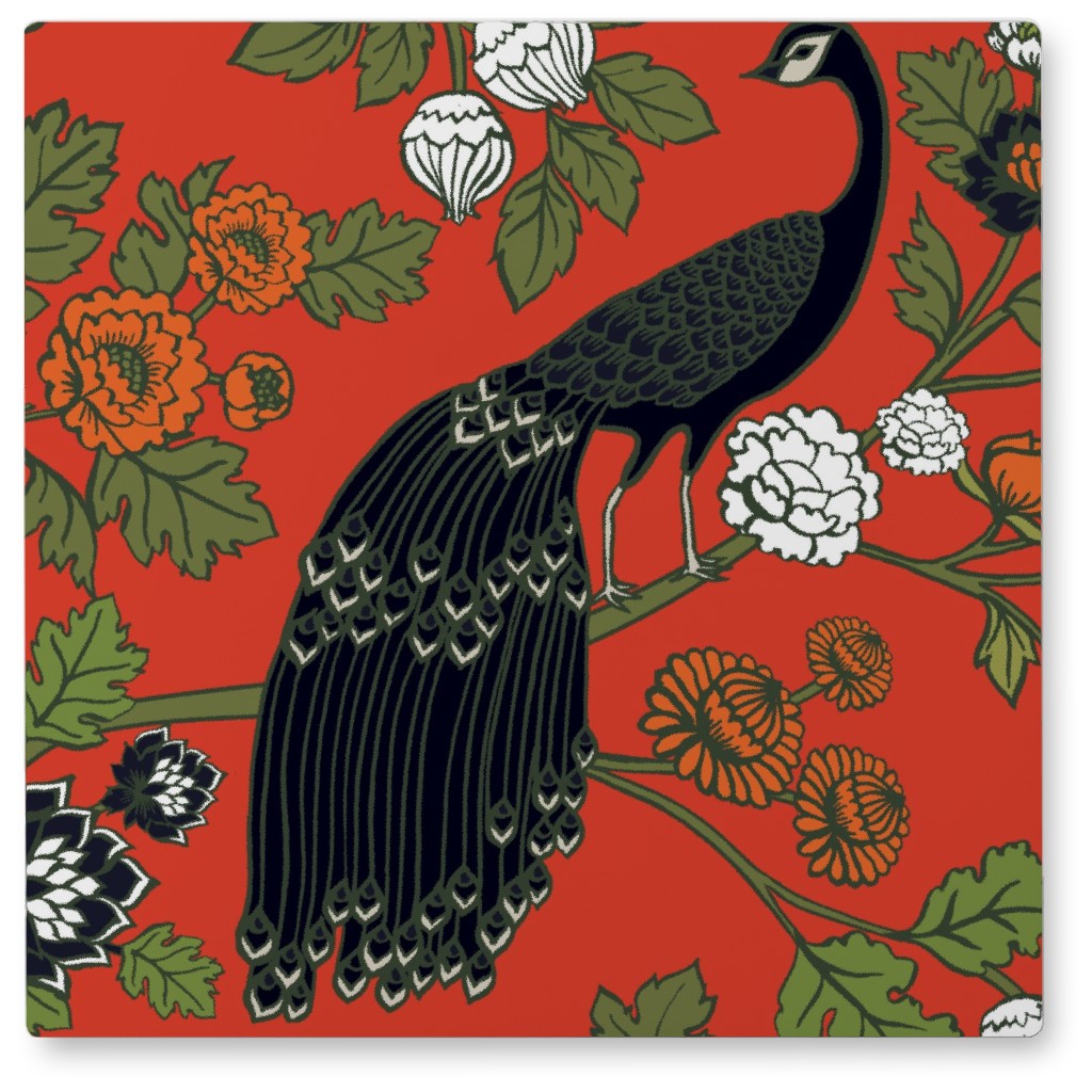 Peacock Garden - Red Photo Tile, Metal, 8x8, Red, Red