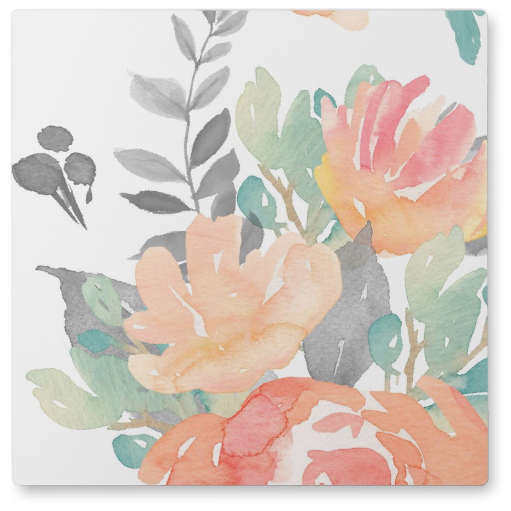 Watercolor Florals Photo Tile, Metal, 8x8, Orange