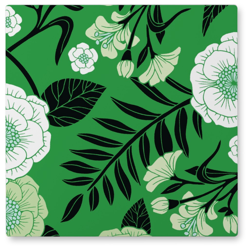 Green, Black & White Floral Pattern Photo Tile, Metal, 8x8, Green