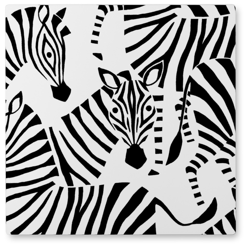 Zebras - Black & White Photo Tile, Metal, 8x8, Black