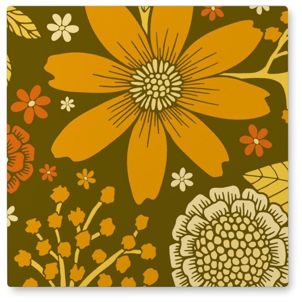 1970s Retro Flowers - Yellow, Orange & Olive Green Photo Tile, Metal, 8x8, Orange
