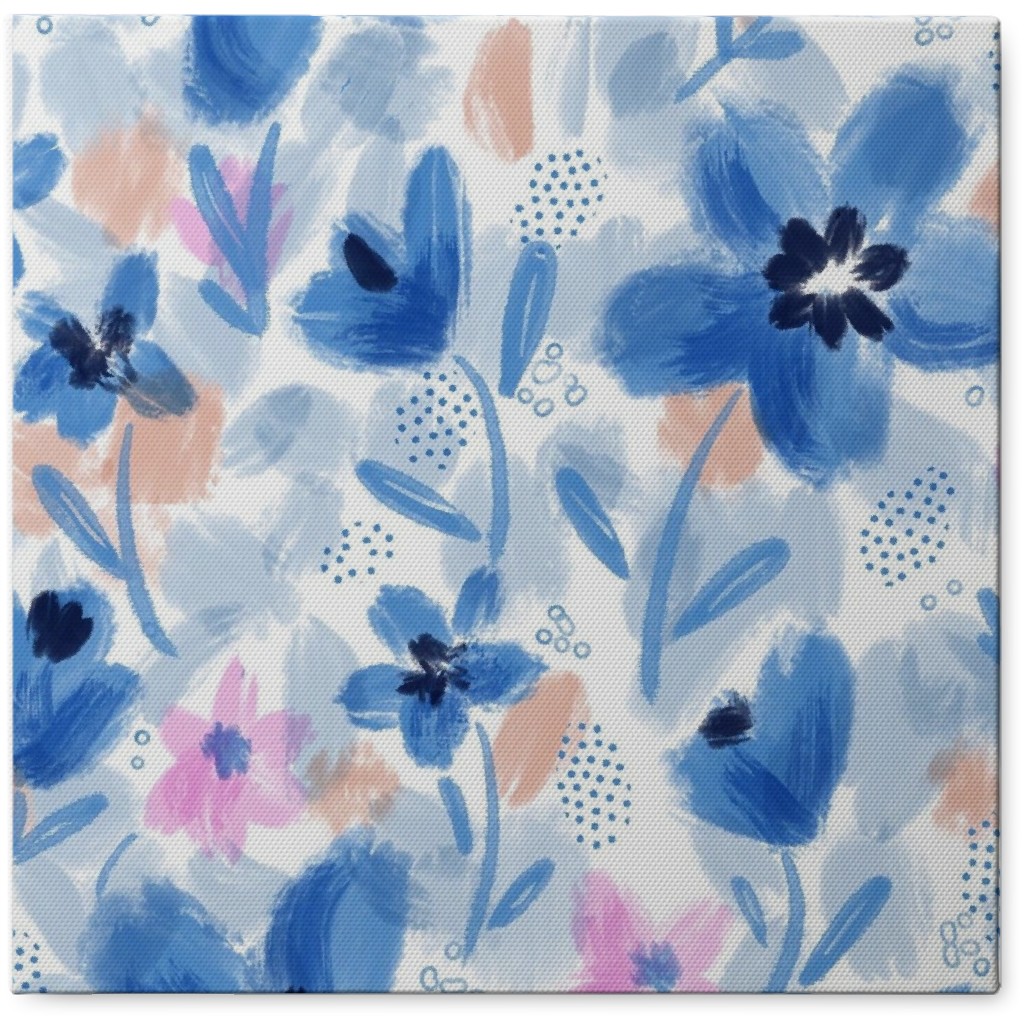 Painterly Floral - Blue Photo Tile, Canvas, 8x8, Blue