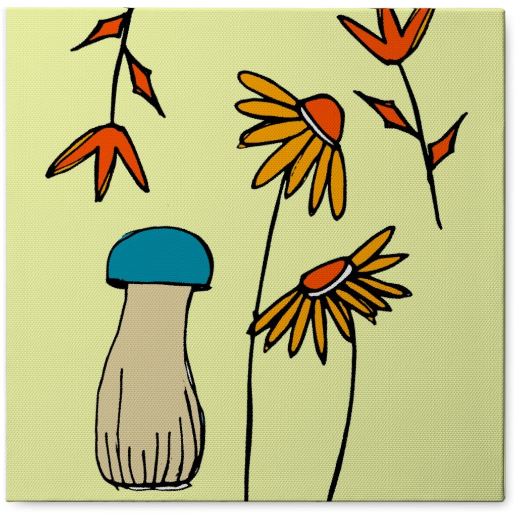 Mushroom & Floral - Multi on Yellow Photo Tile, Canvas, 8x8, Yellow