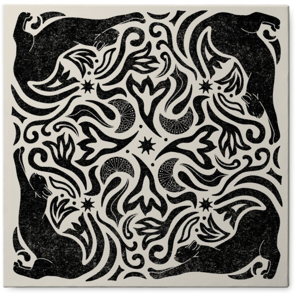 Cat and Moon Mandala - Cream and Black Photo Tile, Canvas, 8x8, Beige
