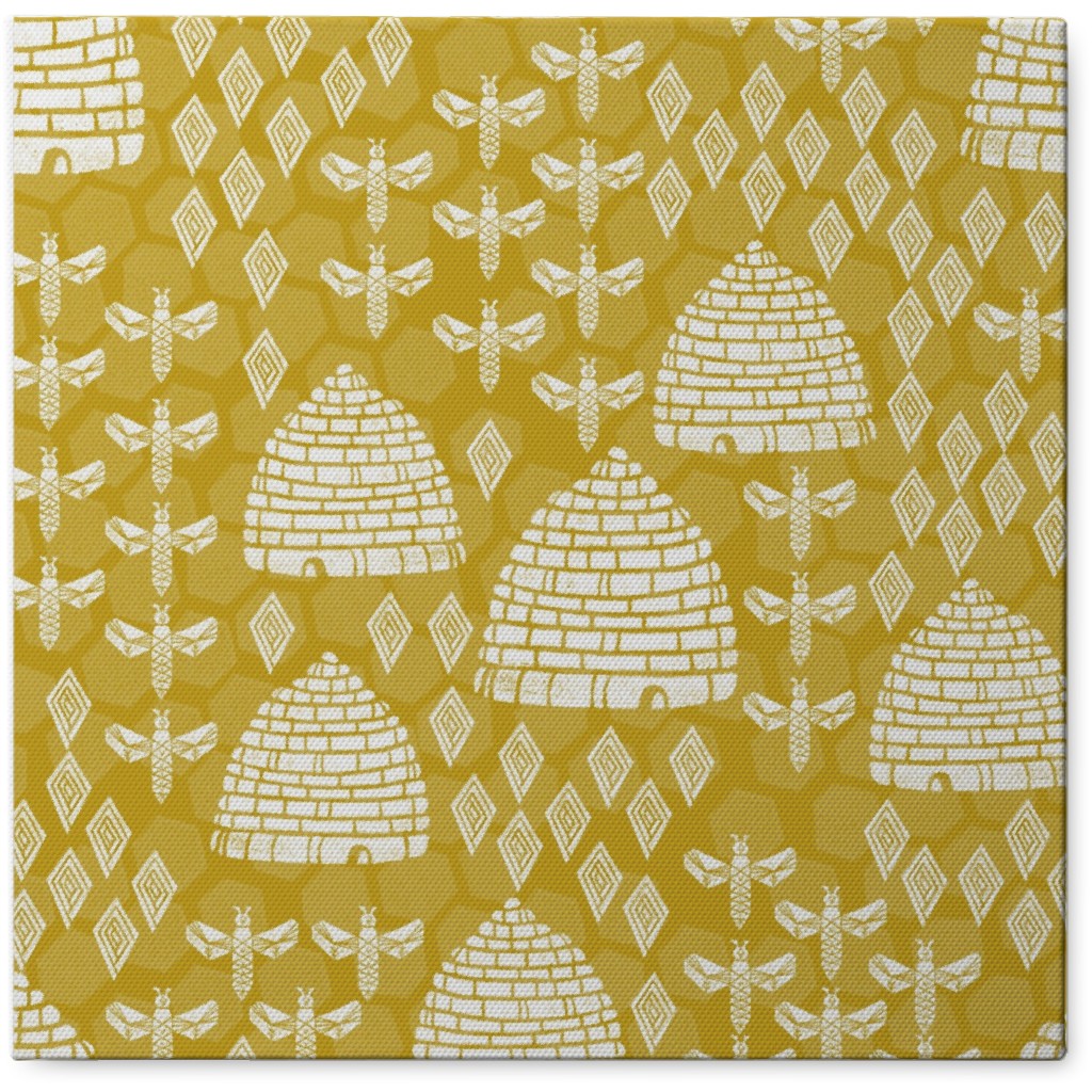 Bee Hives, Spring Florals Linocut Block Printed - Golden Yellow Photo Tile, Canvas, 8x8, Yellow