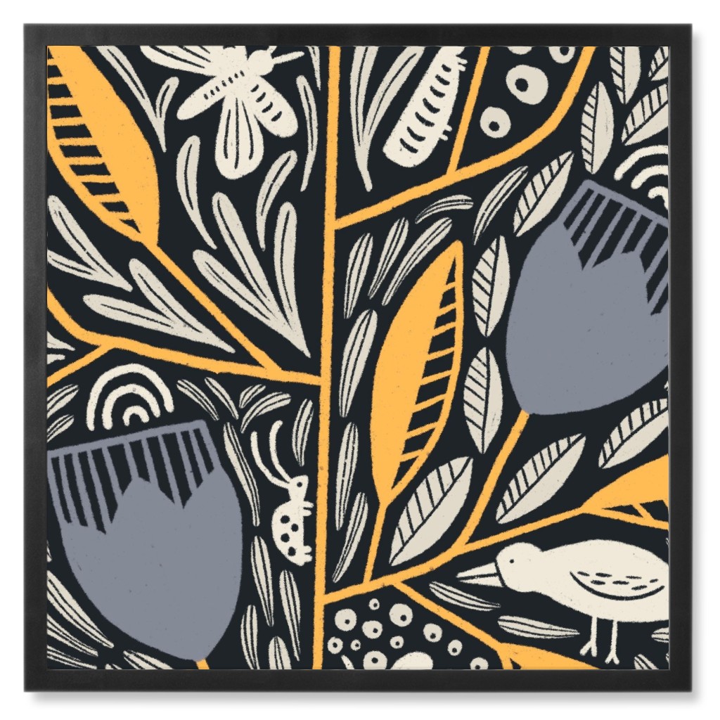Penelope Floral - Blue and Yellow Photo Tile, Black, Framed, 8x8, Blue, True Blue