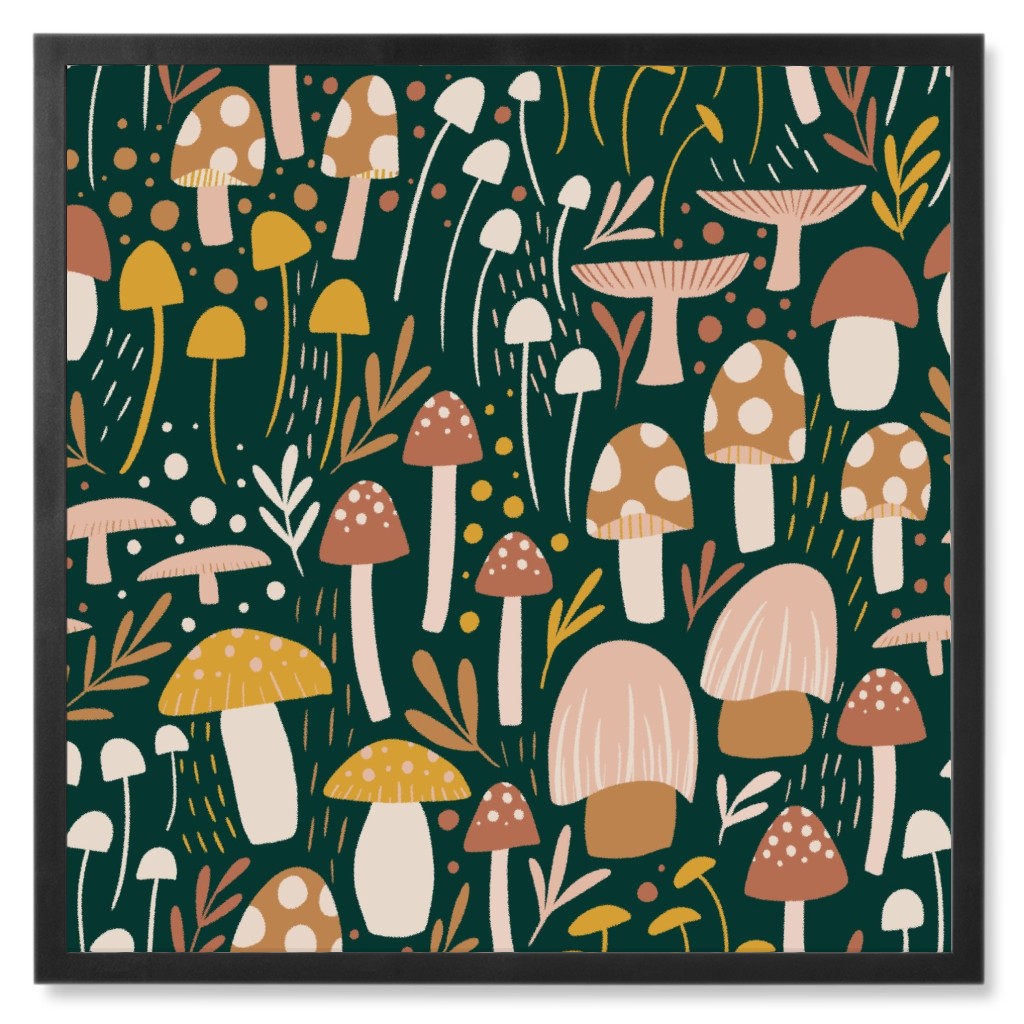 Woodland Mushroom Meadow - Green Photo Tile, Black, Framed, 8x8, Green