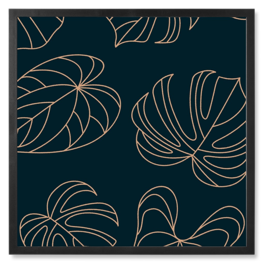 Minimalist Monstera Leaves - Dark Photo Tile, Black, Framed, 8x8, Blue