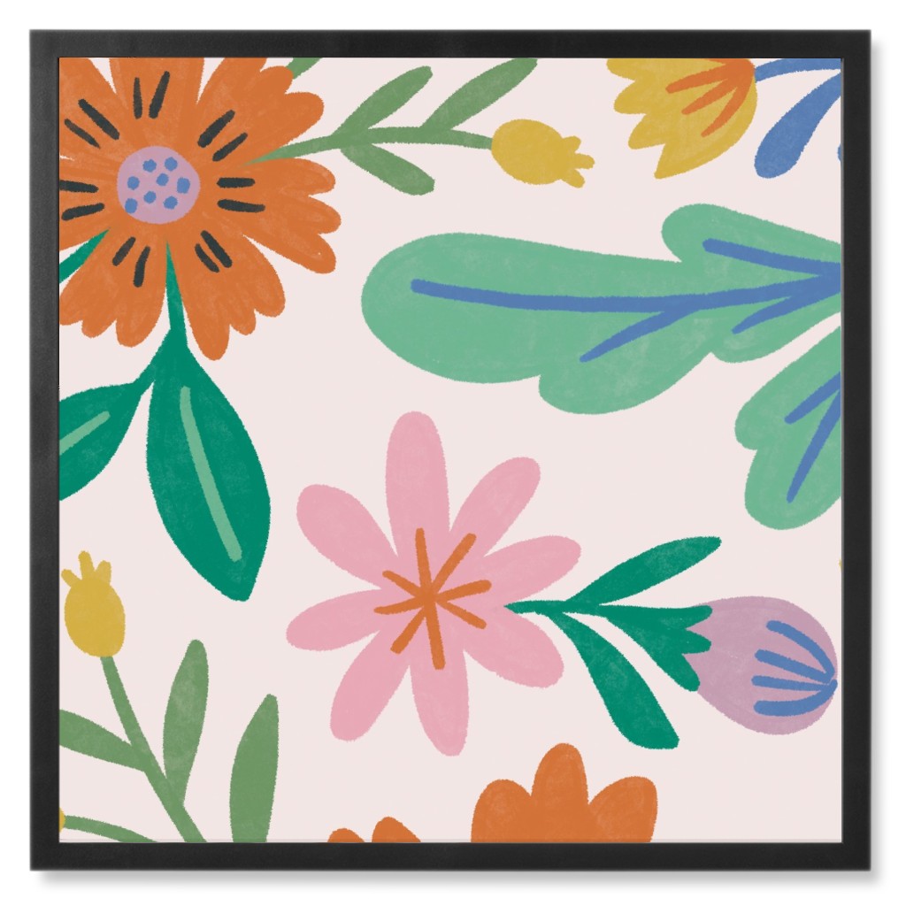 Happy Flowers - Multi on Pink Photo Tile, Black, Framed, 8x8, Multicolor