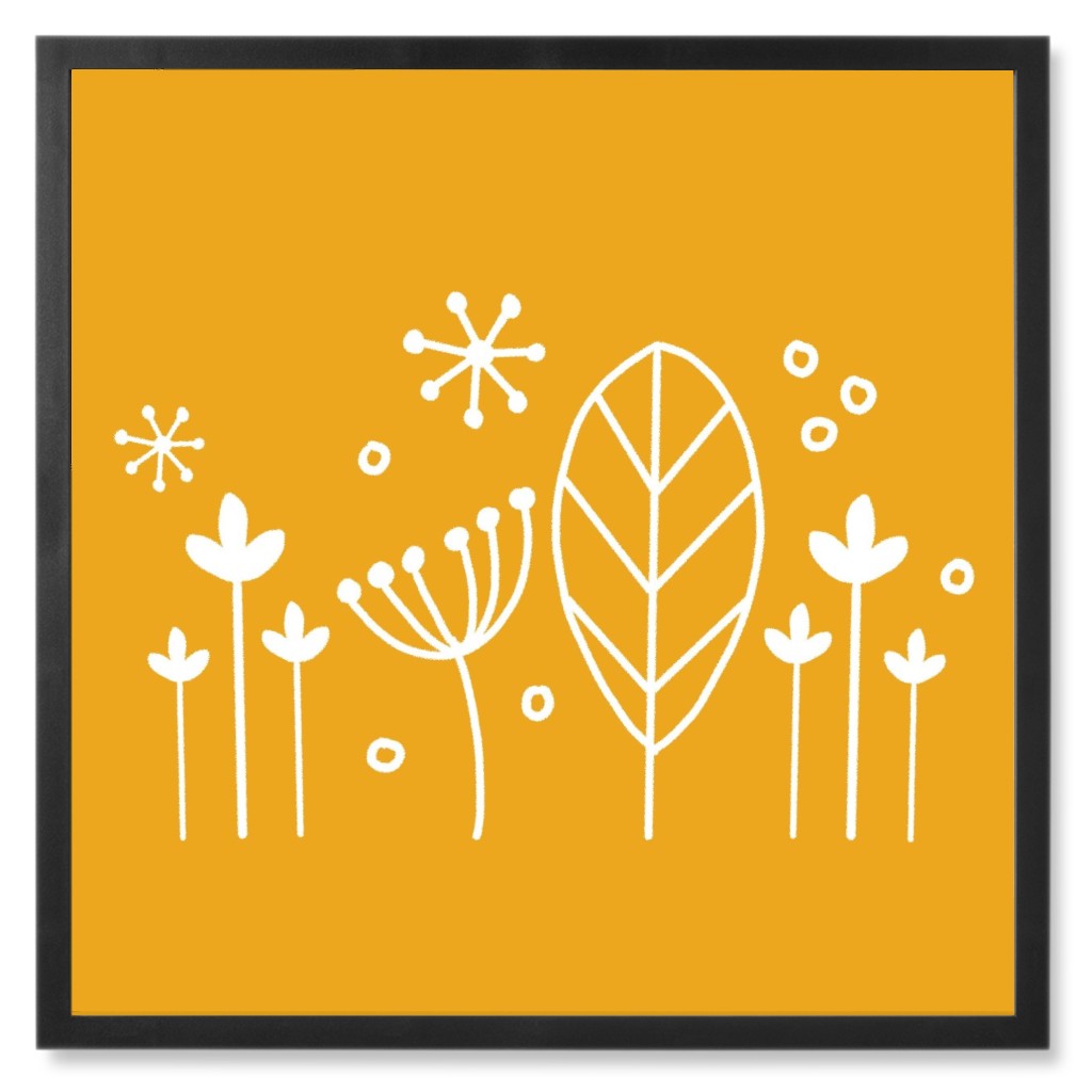 Retro Scandi Floral - Orange Photo Tile, Black, Framed, 8x8, Orange, Orange