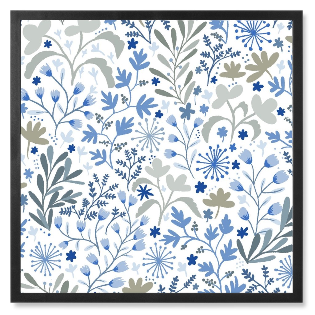 Floral Blue Grass Photo Tile, Black, Framed, 8x8, Blue