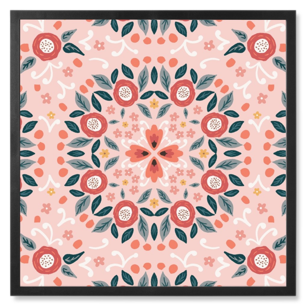 Floral Burst - Pink Photo Tile, Black, Framed, 8x8, Pink, Bright Pink
