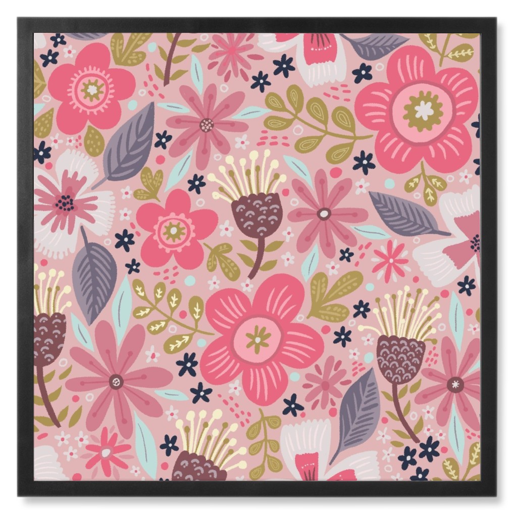 Boho Blooms - Pink Photo Tile, Black, Framed, 8x8, Pink