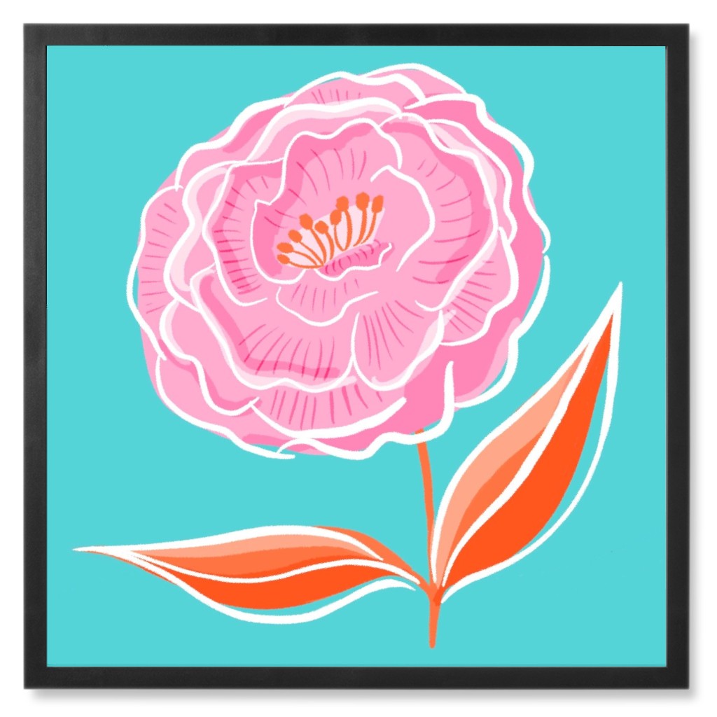 Pink Flower on Teal Photo Tile, Black, Framed, 8x8, Multicolor