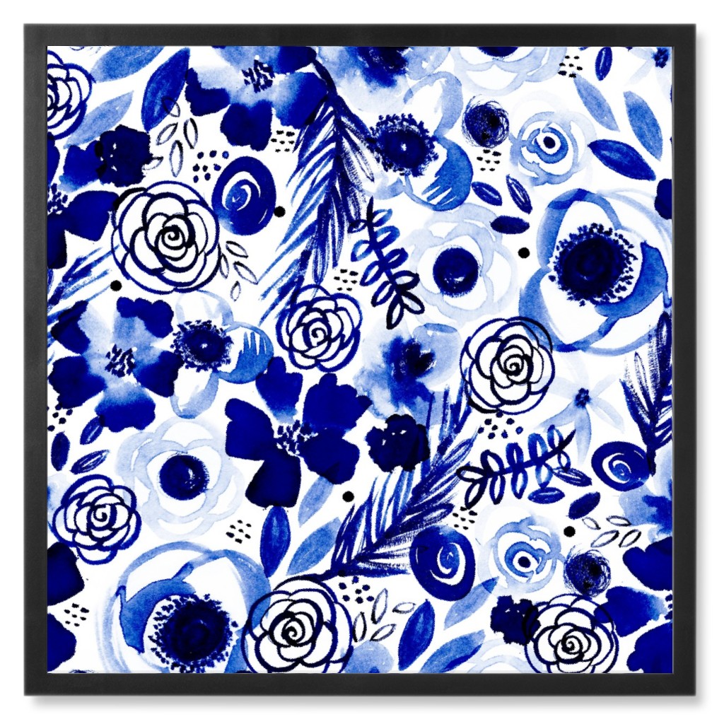 Bohemian Bouquet - Blue Photo Tile, Black, Framed, 8x8, Blue, True Blue
