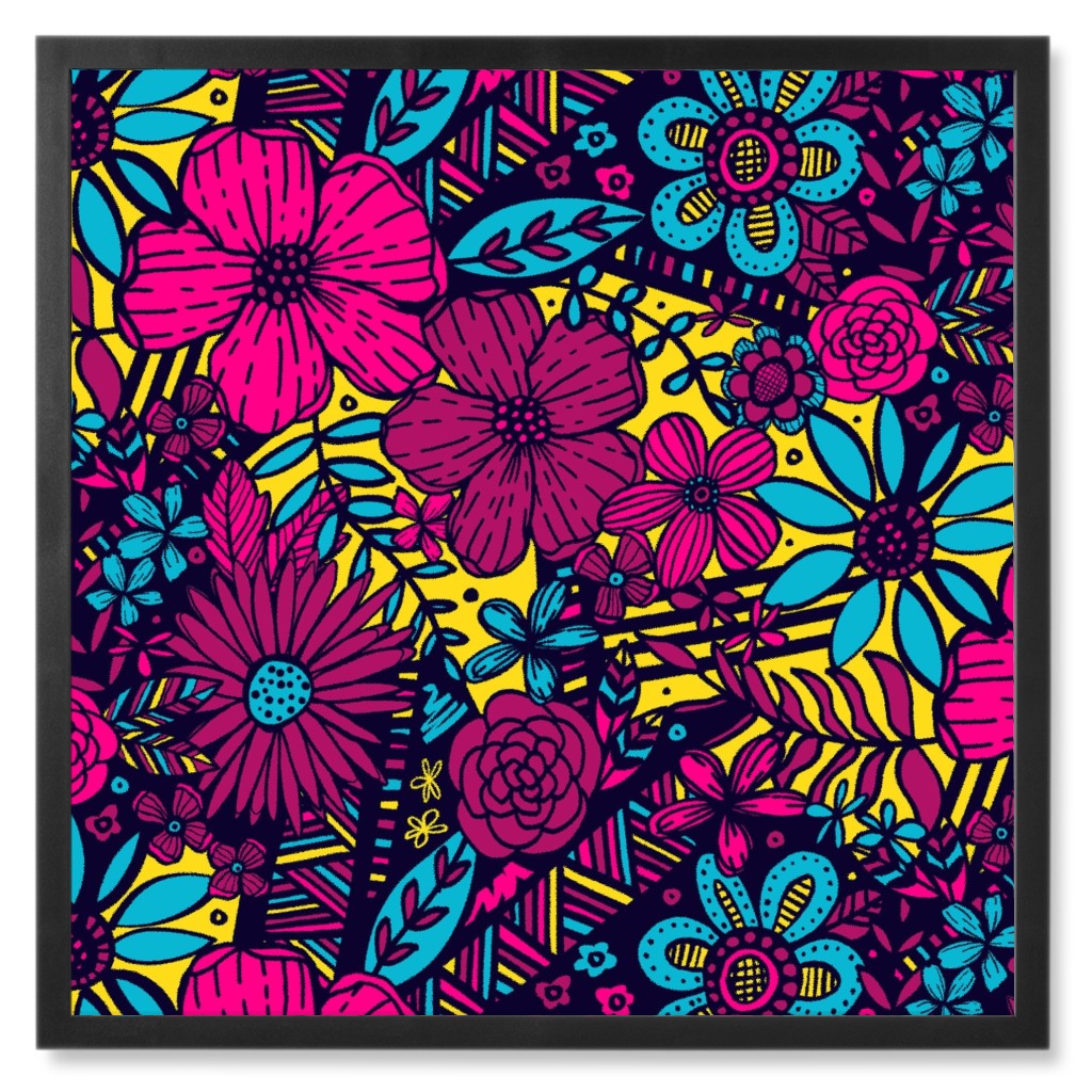 Floral Frenzy - Pink & Blue Photo Tile, Black, Framed, 8x8, Multicolor