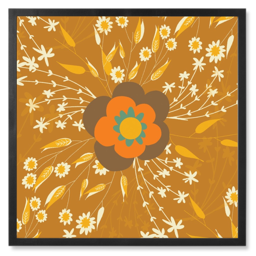 70s Flower Bouquet Photo Tile, Black, Framed, 8x8, Orange, Golden