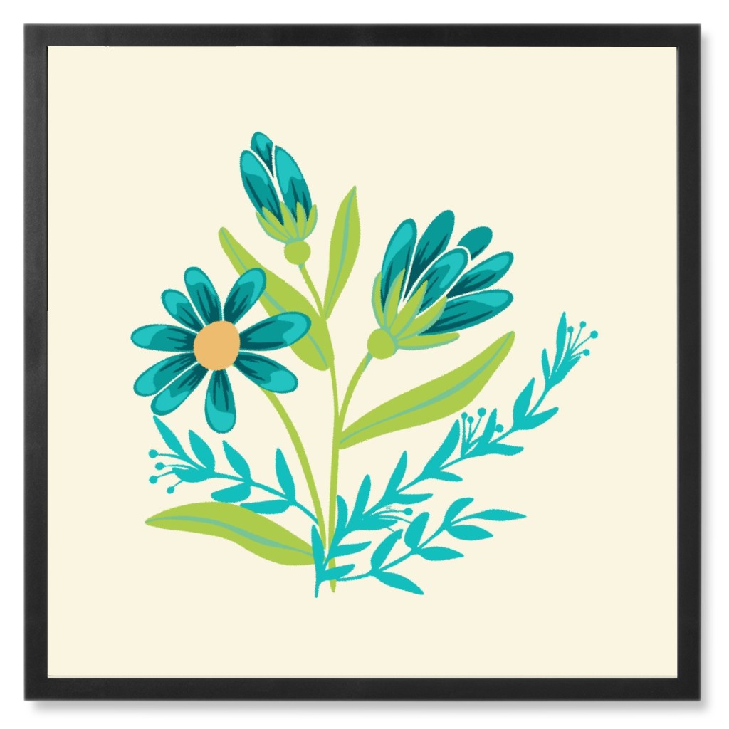 Simple Flowers - Blue Photo Tile, Black, Framed, 8x8, Blue, True Blue