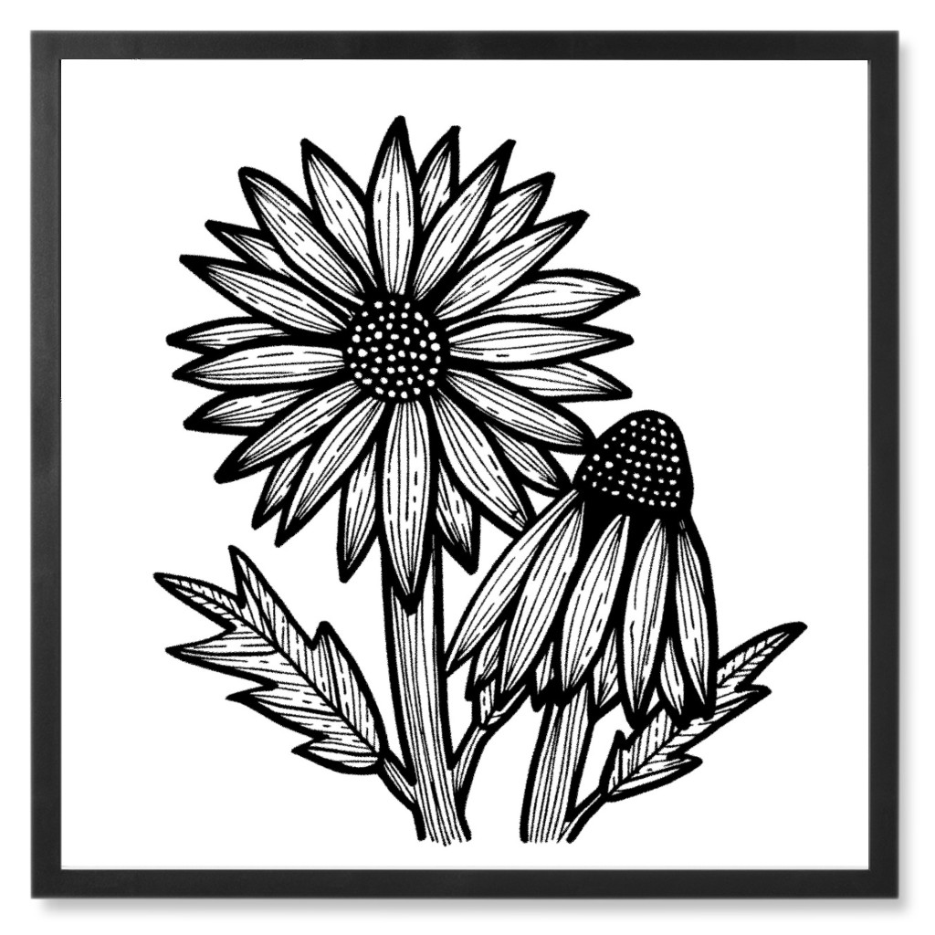Daisies - Black and White Photo Tile, Black, Framed, 8x8, White, White