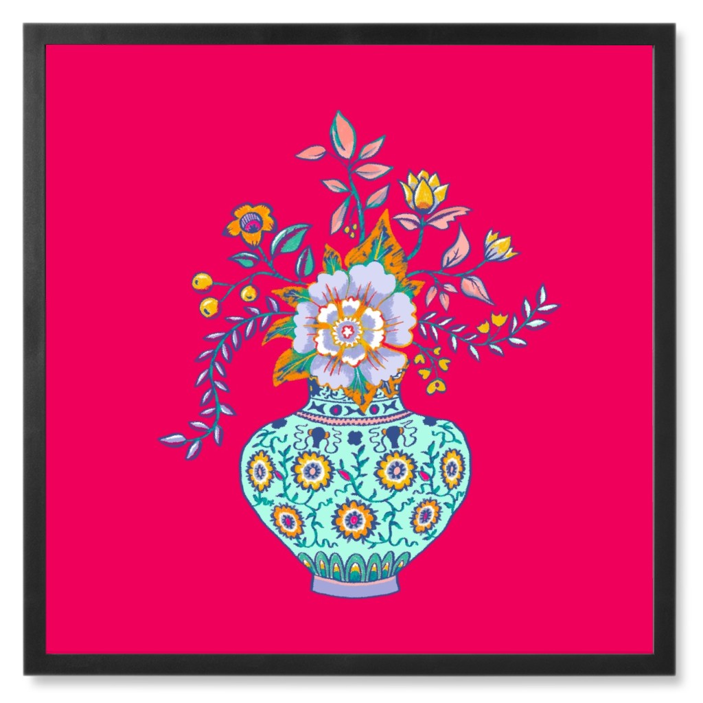 Floral Bouquet on Pink Photo Tile, Black, Framed, 8x8, Multicolor