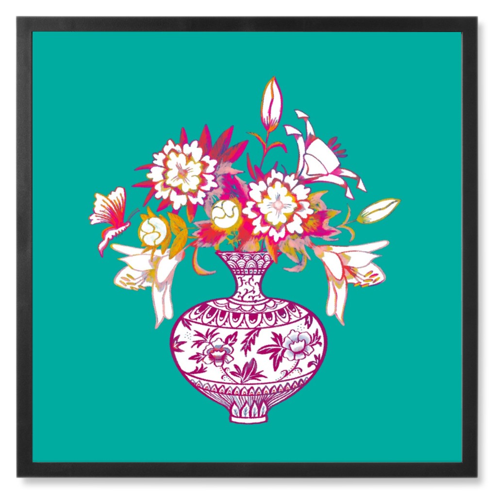Floral Bouquet on Turquoise Photo Tile, Black, Framed, 8x8, Multicolor