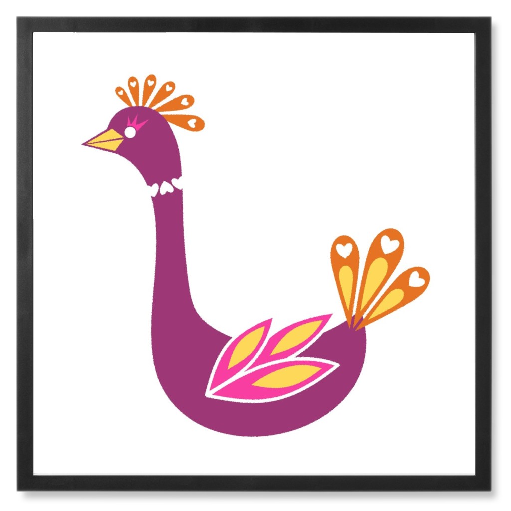 Scandi Flower Bird - Pink Photo Tile, Black, Framed, 8x8, Purple, Purple
