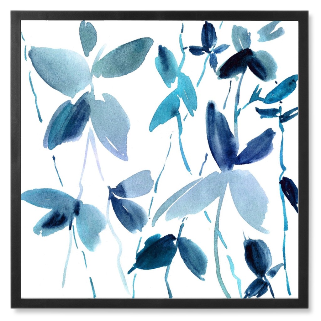 Watercolor Floral and Greenery Photo Tile, Black, Framed, 8x8, Blue, Blue Suede