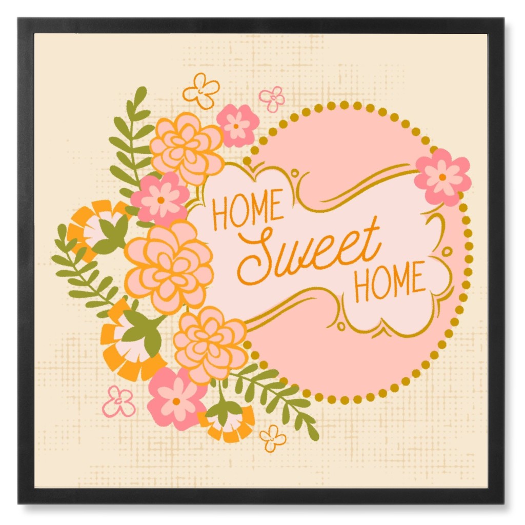 Home Sweet Home Floral - Pink Photo Tile, Black, Framed, 8x8, Pink