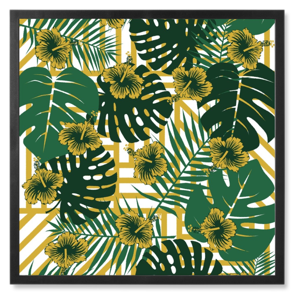 Golden Tropical Vibes - Green and Gold Photo Tile, Black, Framed, 8x8, Green