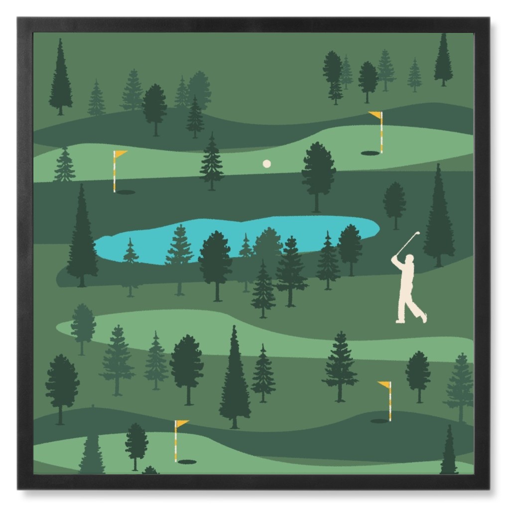 Golf Day Out - Green and Blue Photo Tile, Black, Framed, 8x8, Green, Classic Green