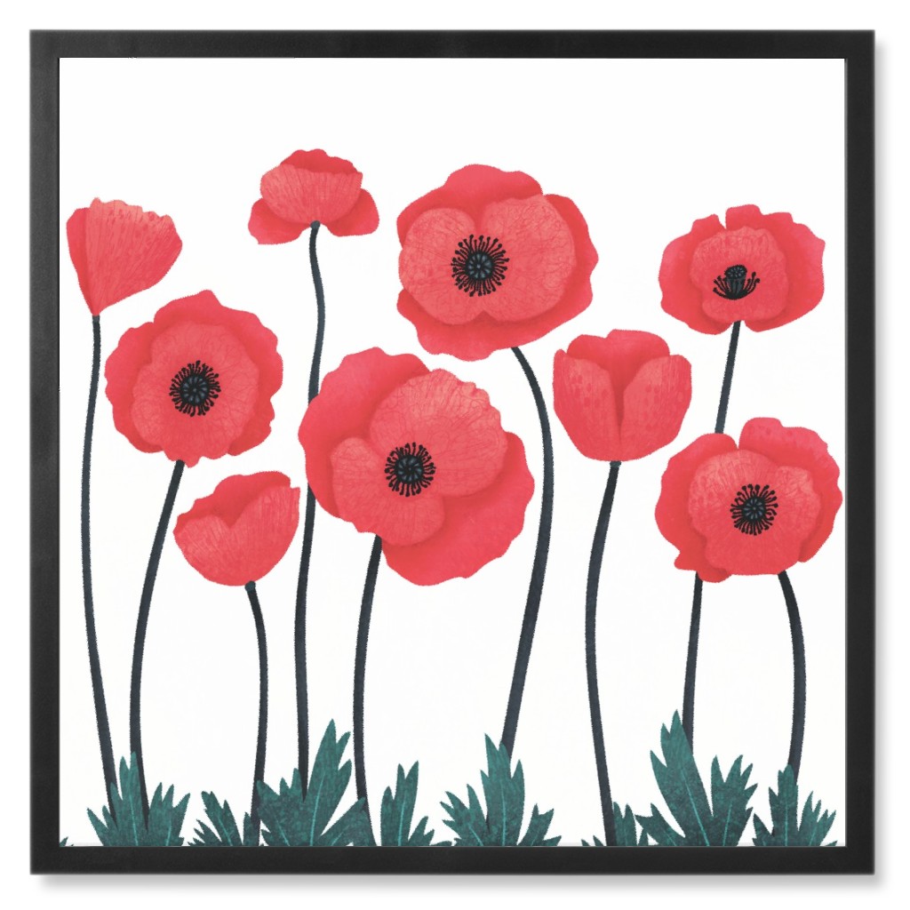 Poppy Field - Red Photo Tile, Black, Framed, 8x8, Red