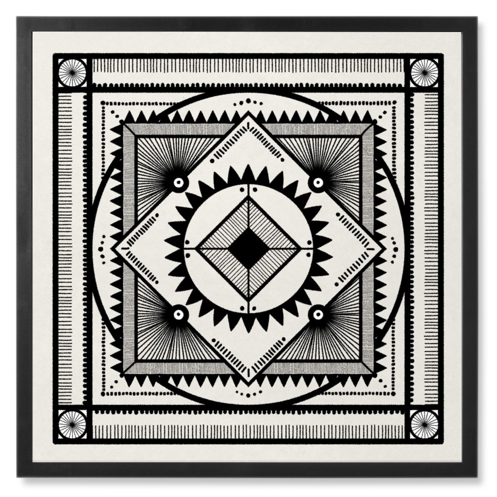 Tribal Geometric Tile Ii Photo Tile, Black, Framed, 8x8, Beige, Antique White