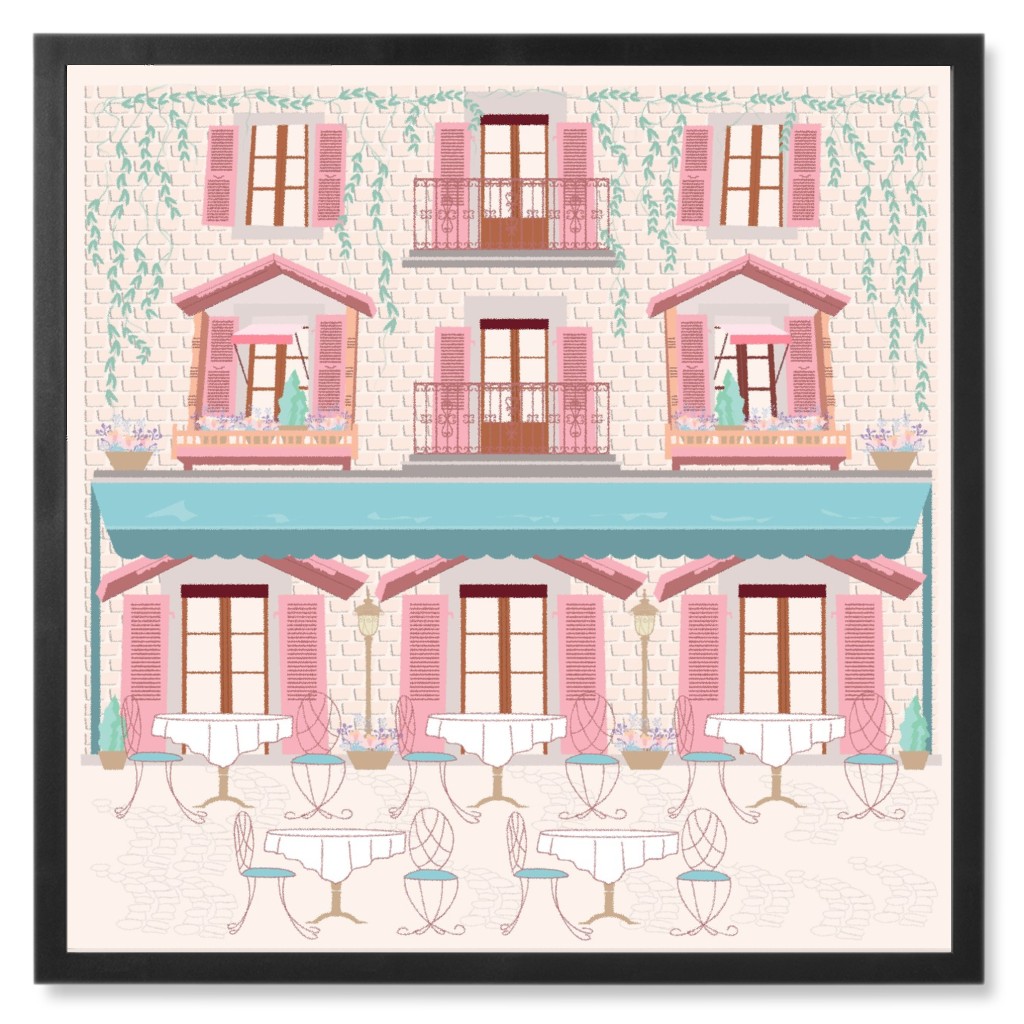Pastel French Cafe - Pink Photo Tile, Black, Framed, 8x8, Pink, Bright Pink