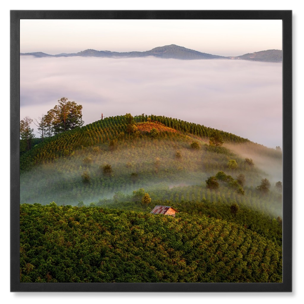 Foggy Countryside Photo Tile, Black, Framed, 8x8, Green