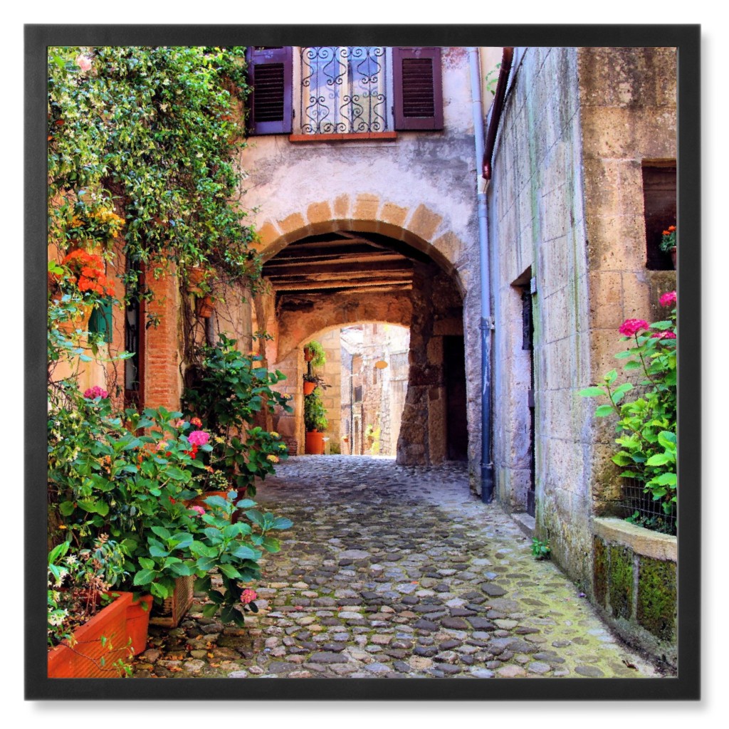 Cobblestone European Street Photo Tile, Black, Framed, 8x8, Multicolor