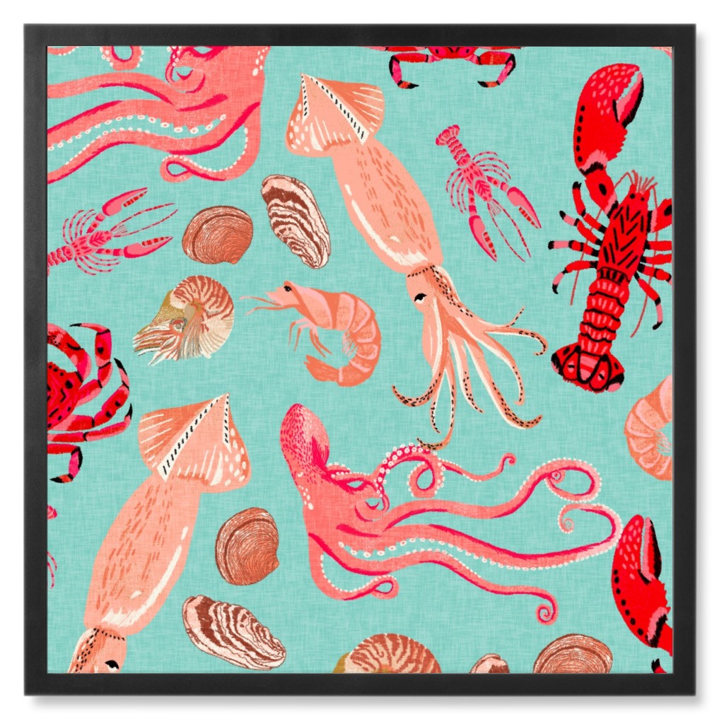 Ocean Creatures - Red on Green Photo Tile, Black, Framed, 8x8, Red